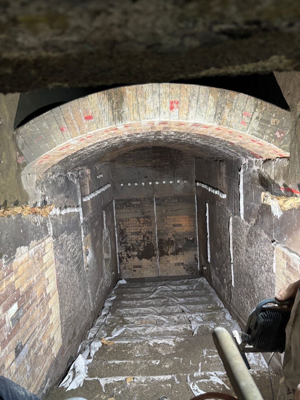 View into the flue gas zone of the biomass boiler with renewed brickwork